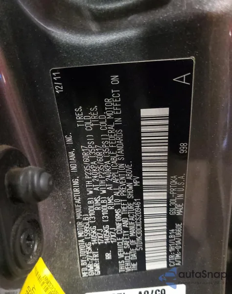 2012 Toyota Sienna Xle from USA, damaged, VIN 5TDYK3DCXCS209461